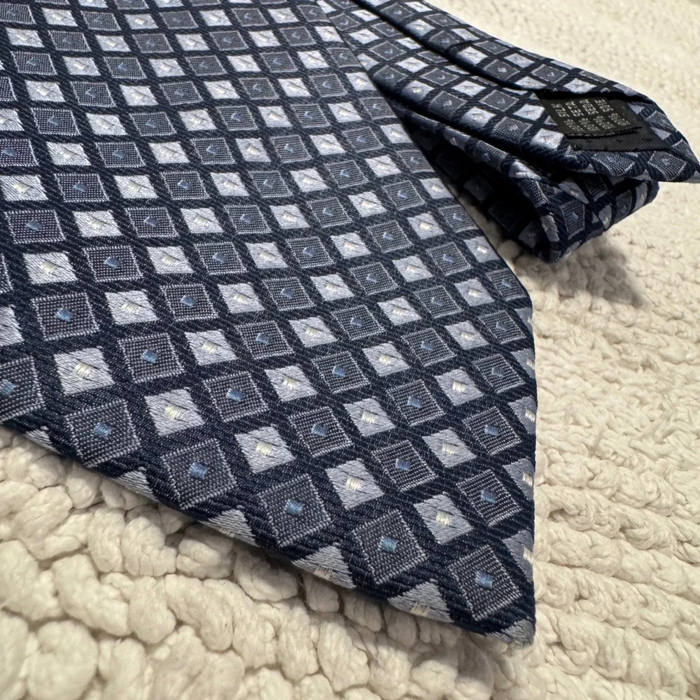 Yves Saint‎ Laurent Tie Blue Silk Geometric Check Luxury Designer Business Italy